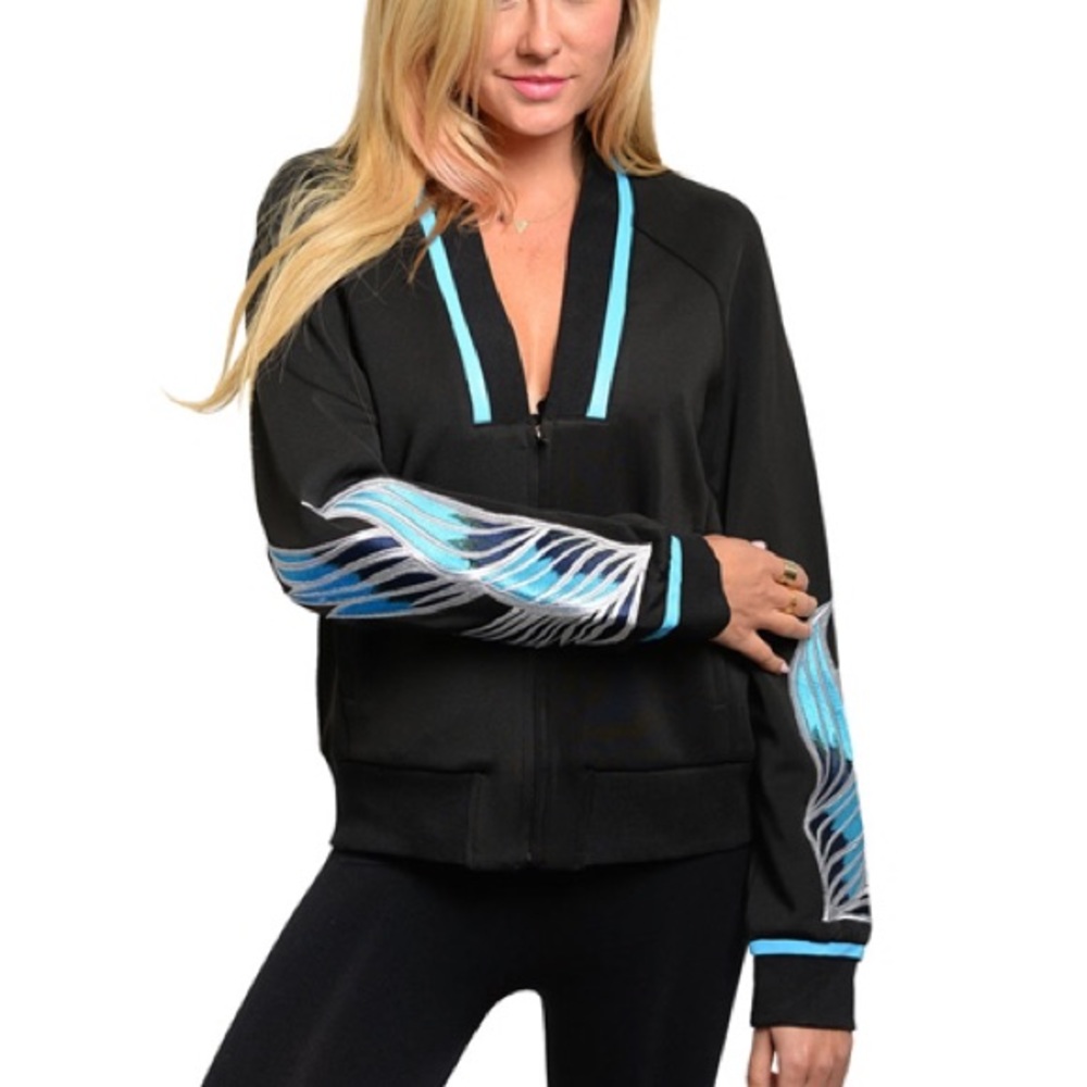 NEW✨ Fairy Angel Wing Sleeves Zip Bomber Varsity Jacket Black with Blue